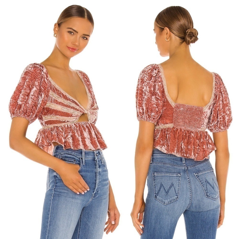 Free People Yours Truly Mauve Pink Velvet Lace Top Blouse XS - Picture 16 of 17